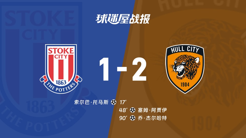 【英冠】斯托克城vs赫尔城比赛结果：斯托克城(1-2)赫尔城比分战报(2025年11月29日)