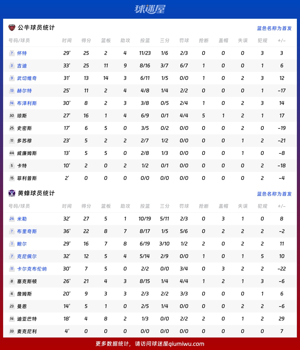 公牛vs黄蜂球员数据