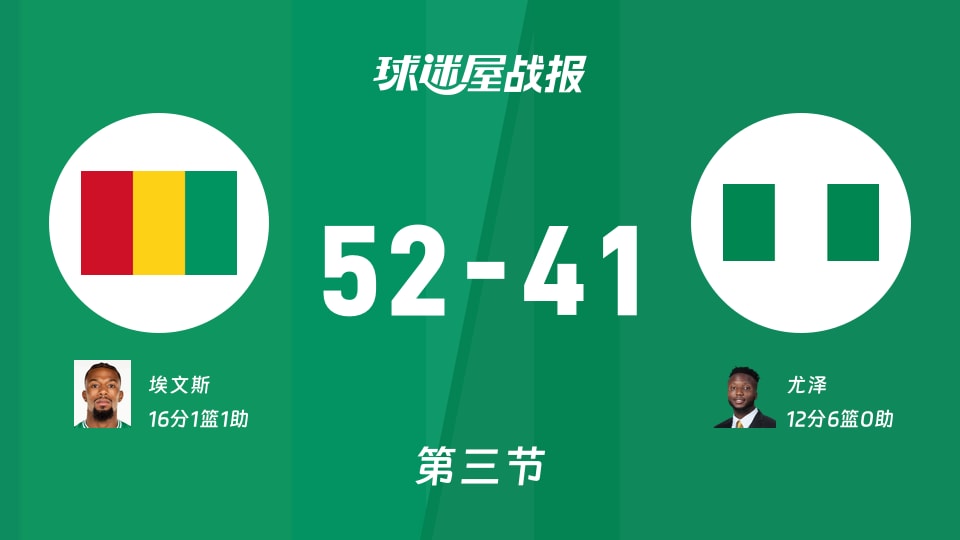 几内亚vs尼日利亚：三节战罢，几内亚52-41尼日利亚，埃文斯得到16分