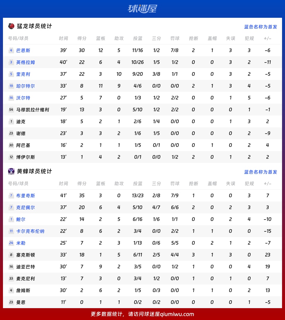 猛龙vs黄蜂球员数据