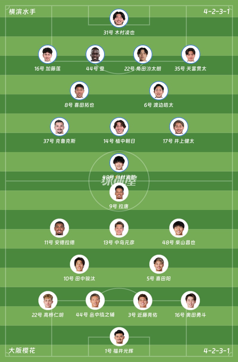 横滨水手vs大阪樱花首发阵容
