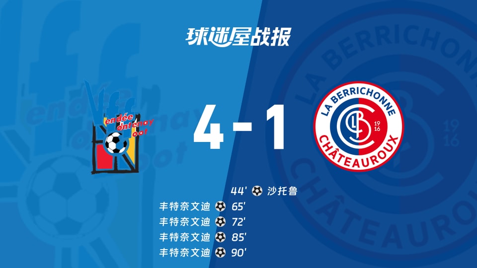 【法国杯】丰特奈文迪vs沙托鲁比赛结果:丰特奈文迪(4-1)沙托鲁比分战报(2025年11月30日)