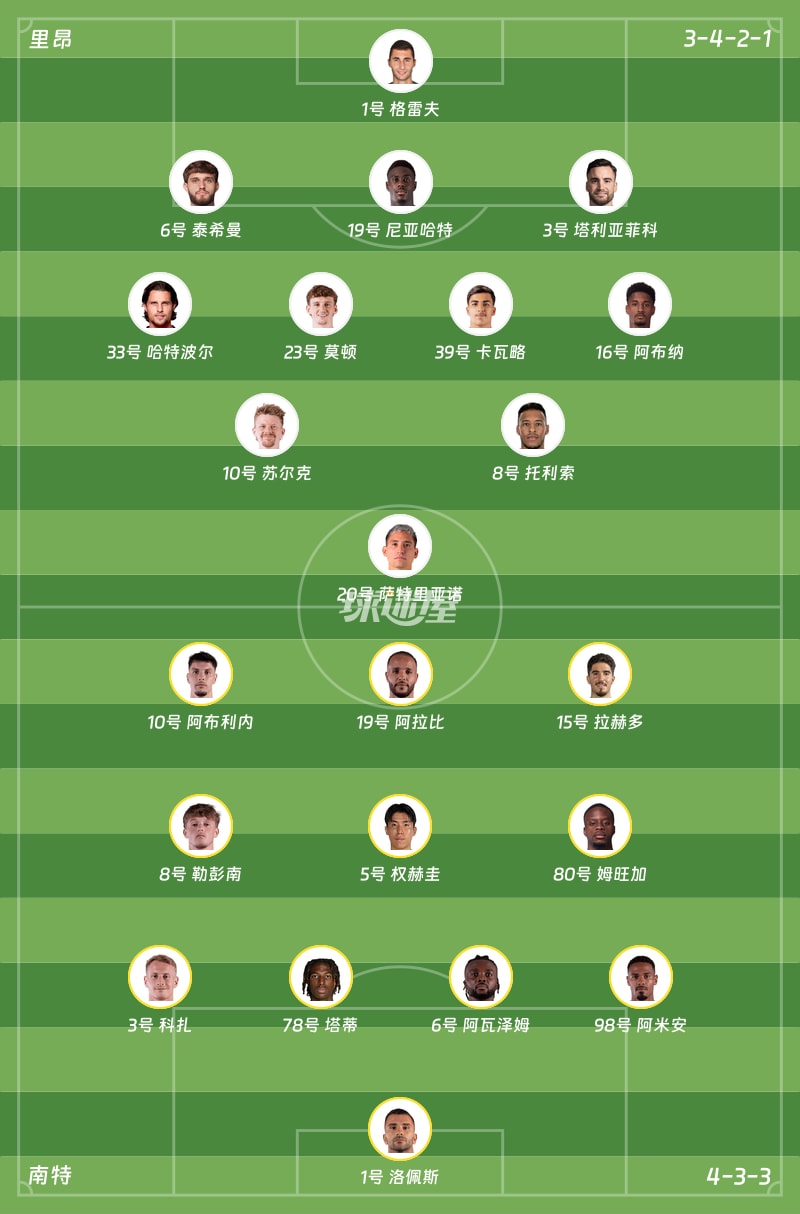 里昂vs南特首发阵容