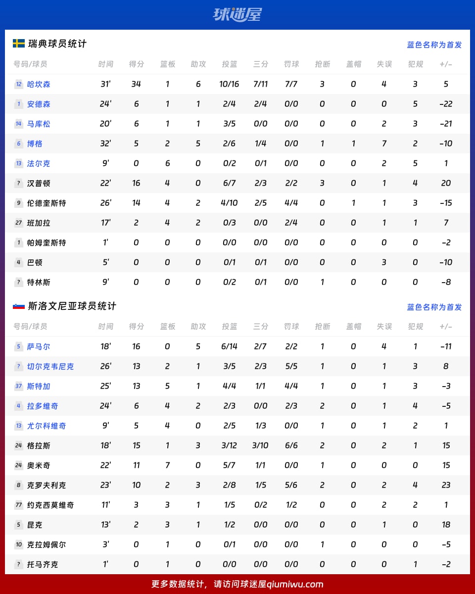瑞典vs斯洛文尼亚球员数据