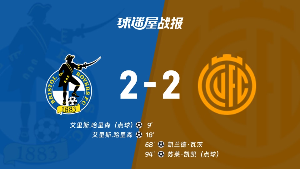 【英锦赛第二圈】布里‮托斯‬流浪vs剑桥联比赛结果：布里斯托流浪(2-2)剑桥联比分战报(2025年12月03日)
