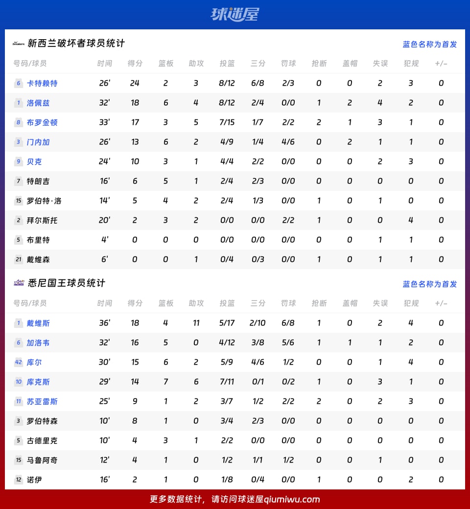 新西兰破坏者vs悉尼国王球员数据