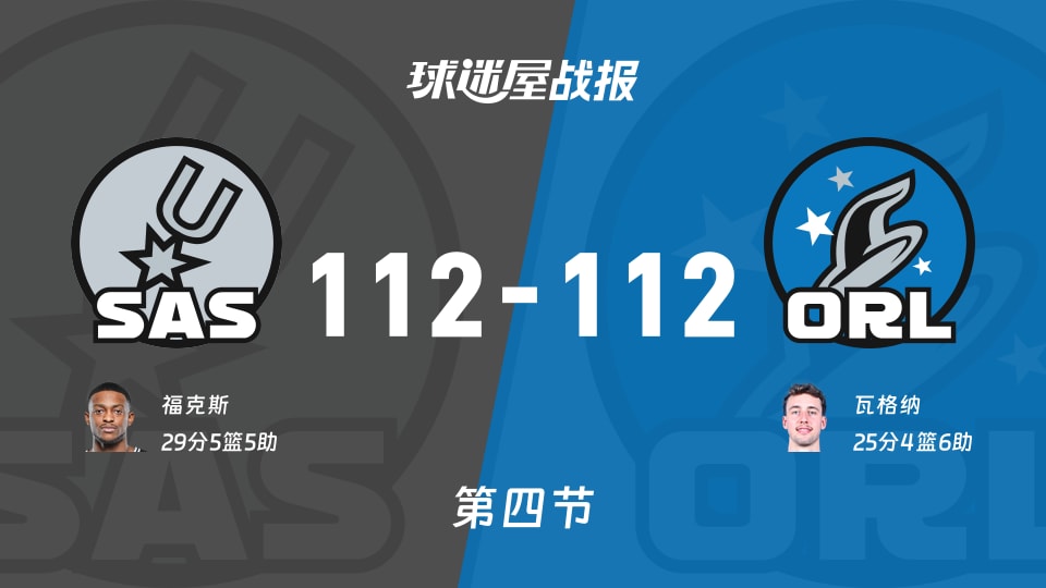 NBA常规赛：马刺112-112魔术拖入加时，福克斯得到29分，瓦格纳得到25分