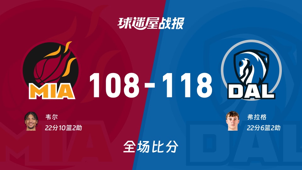 NBA热火vs独行侠战报：108-118，弗拉格22+6+2