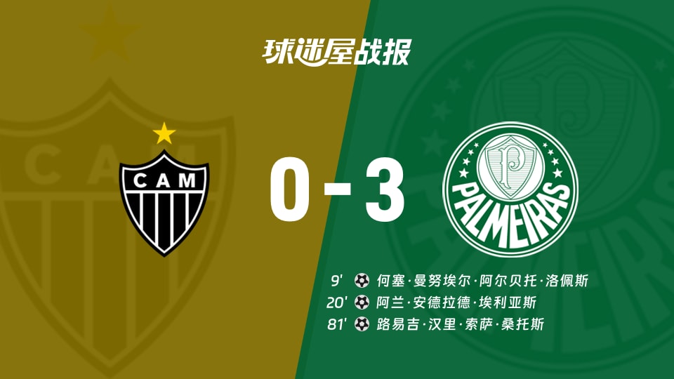 【巴西甲联赛第34轮】米内罗竞技vs帕尔梅拉斯比赛结果：米内罗竞技(0-3)帕尔梅拉斯比分战报(2025年12月04日)