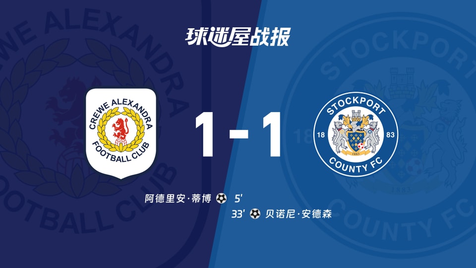【英锦赛第二圈】克鲁vs斯托克港比赛结果:克鲁(1-1)斯托克港比分战报(2025年12月04日)