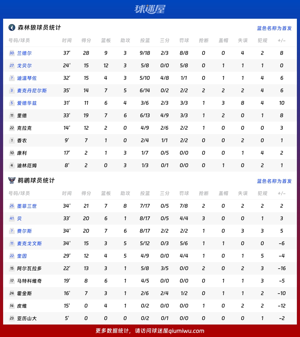 森林狼vs鹈鹕球员数据