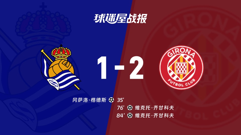 【西甲联赛第16轮】皇家社会vs赫罗纳比赛结果：皇家社会(1-2)赫罗纳比分战报(2025年12月13日)