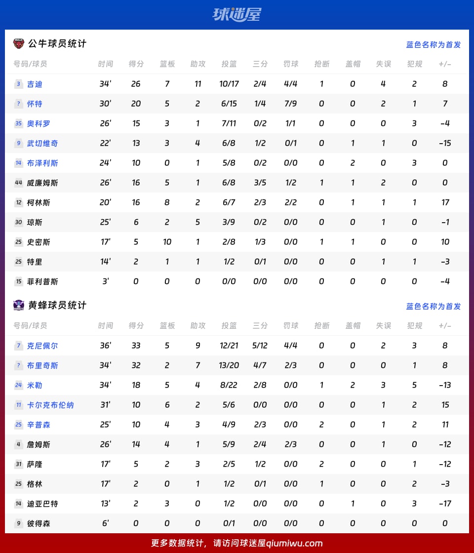 公牛vs黄蜂球员数据
