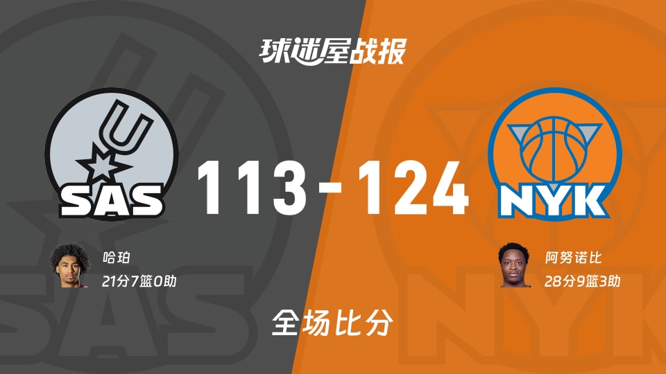 NBA马刺vs尼克斯战报：113-124，阿努诺比28+9+3