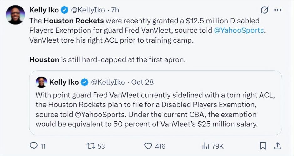 火箭申请1250万伤病特例：队内7人解除交易限制 斯通着手阵容小补强