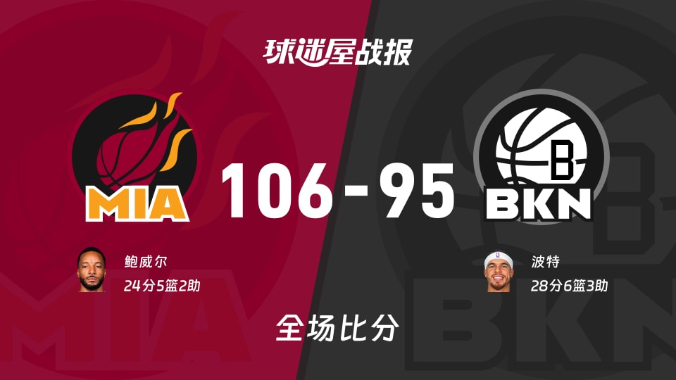 NBA常规赛：热火以106-95战胜篮网，鲍威尔24+5+2