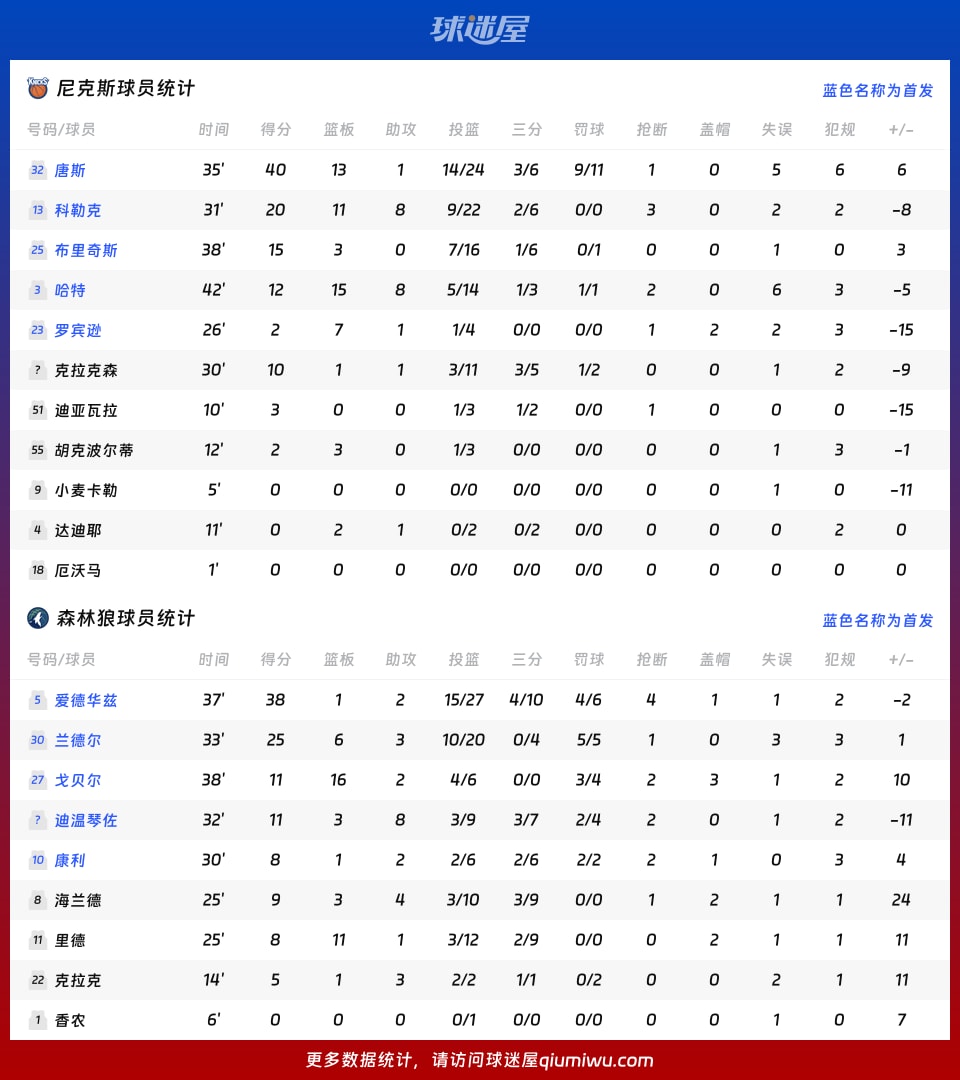 尼克斯vs森林狼球员数据