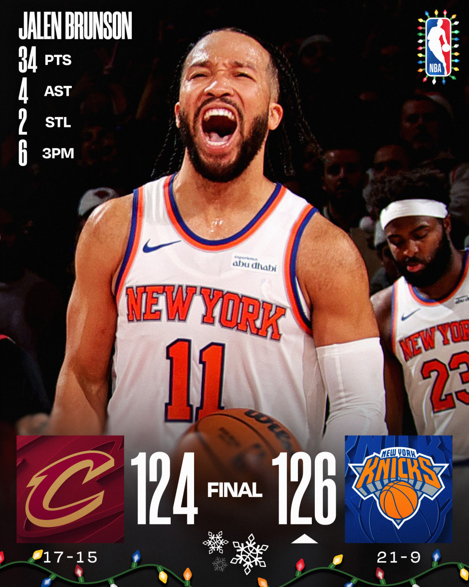 NBA圣诞大战录像回放完整版-骑士vs尼克斯全场回放（12.26）布伦森狂轰34+6