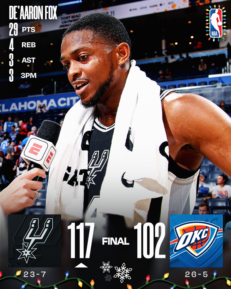 NBA圣诞大战录像回放完整版-马刺vs雷霆全场回放（12.26）文班亚马轻取19+11