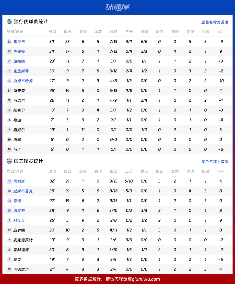 独行侠vs国王球员数据