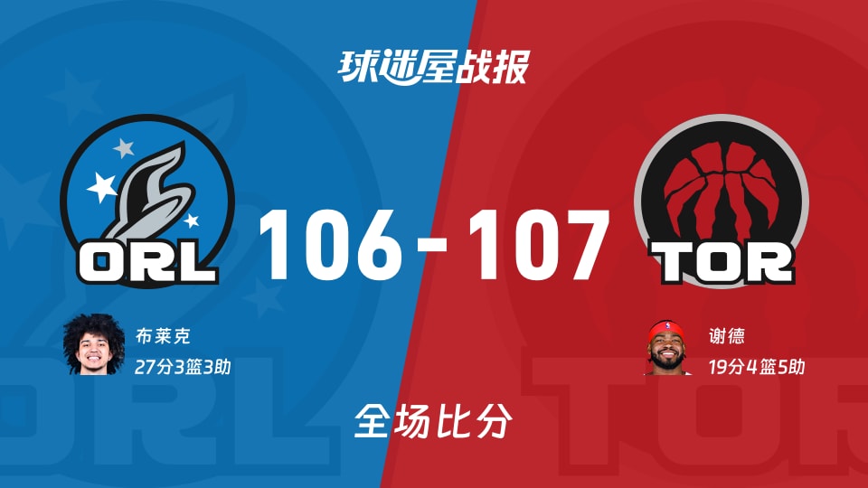 NBA常规赛：谢德19+4+5，猛龙以107-106战胜魔术