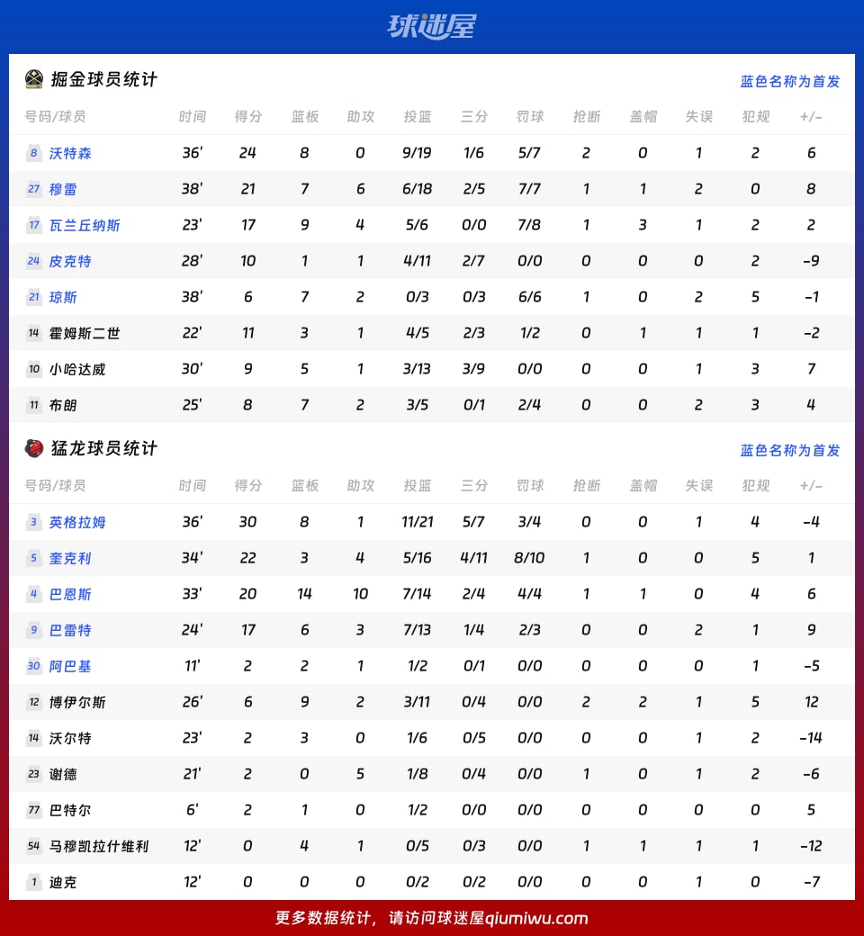 掘金vs猛龙球员数据