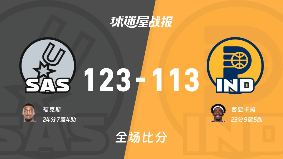 NBA马刺vs步行者战报:123-113,福克斯24+7+4 NBA马刺vs步行者战报:123-113,福克斯24+7+4