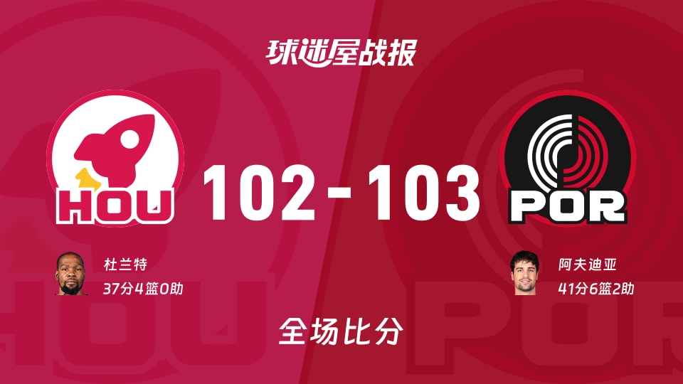 NBA常规赛:开拓者以103-102战胜火箭,阿夫迪亚41+6+2 NBA常规赛:开拓者以103-102战胜火箭,阿夫迪亚41+6+2