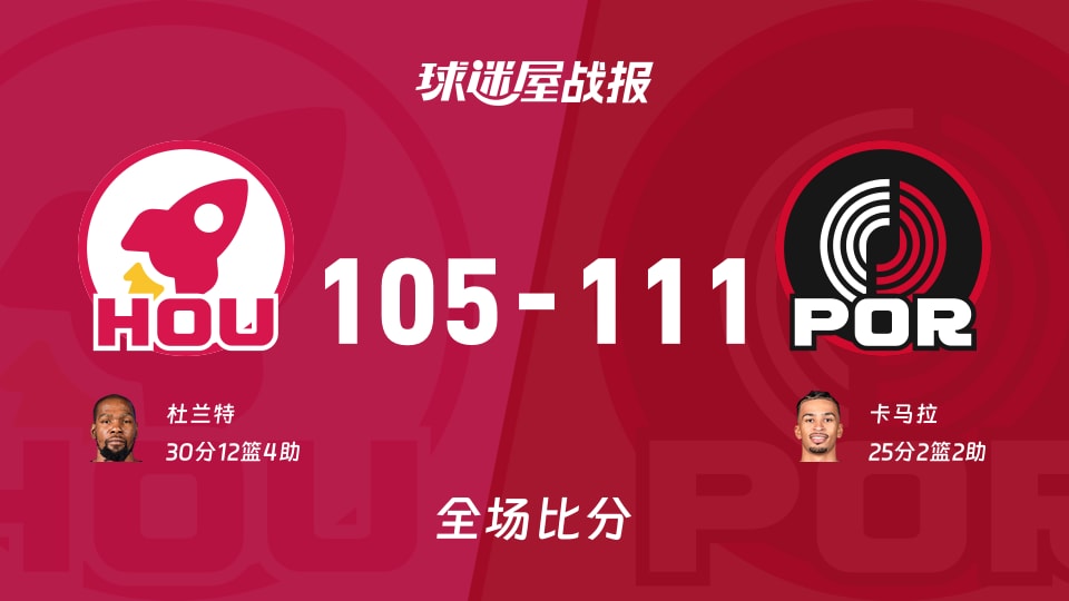 NBA火箭vs开拓者战报：105-111，卡马拉25+2+2