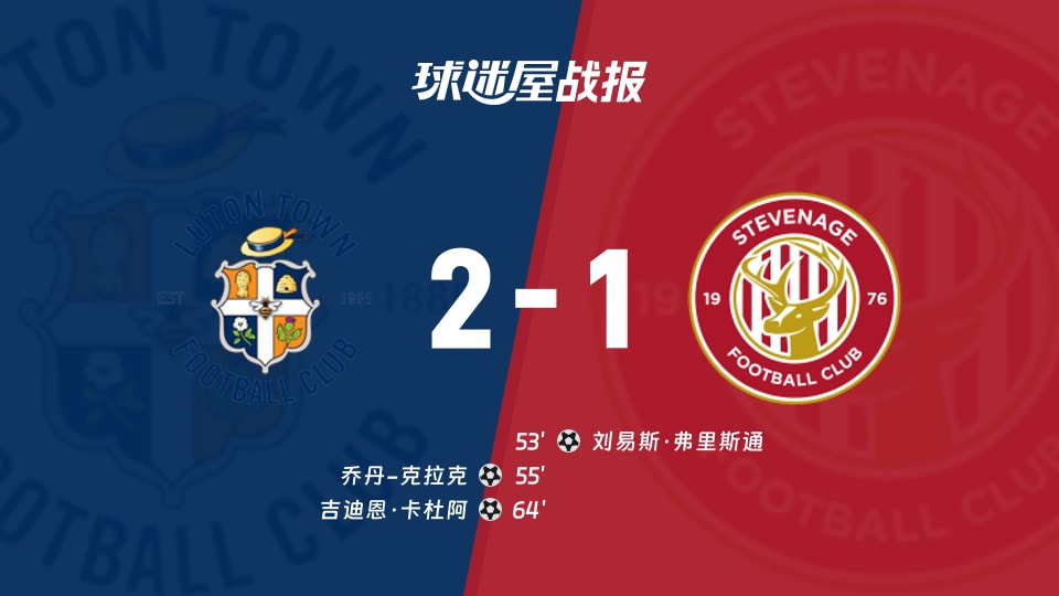 【英甲联赛第26轮】卢顿vs斯蒂夫尼奇比赛结果：卢顿(2-1)斯蒂夫尼奇比分战报(2026年01月10日)