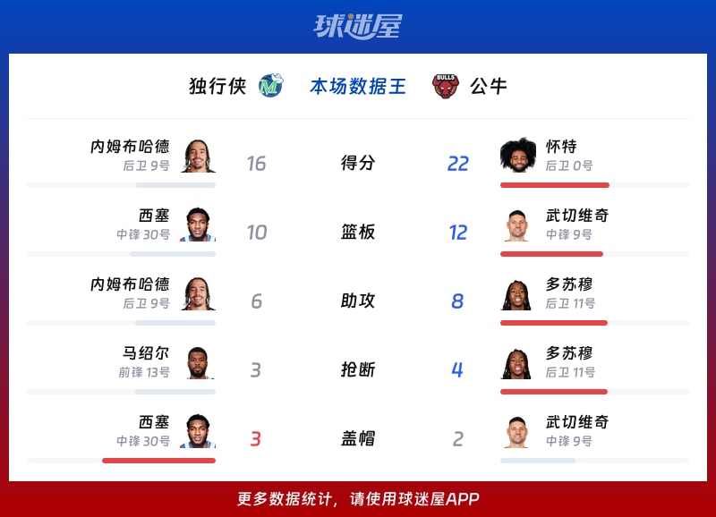 独行侠vs公牛各项最佳