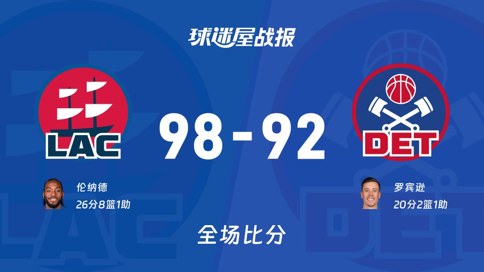 NBA常规赛：伦纳德26+8+1，快船以98-92战胜活塞