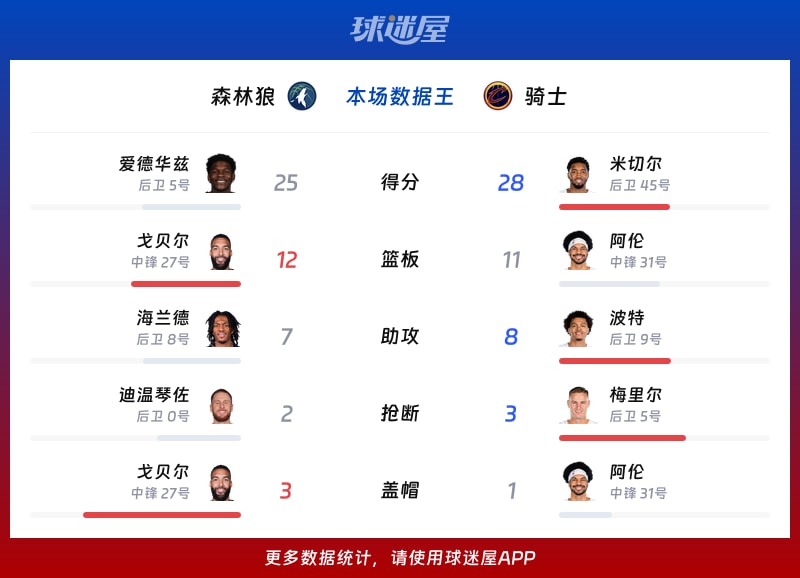 森林狼vs骑士各项最佳