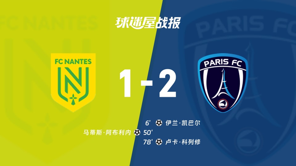 【法甲联赛第18轮】南特vs巴黎FC比赛结果：南特(1-2)巴黎FC比分战报(2026年01月19日)