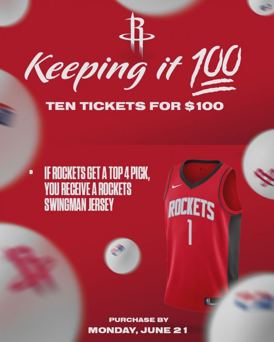 Keeping it 💯

Purchase 10 tickets for the 2021-22 season for $100! If the Rockets end up with a Top 4 draft pick, you’ll also receive a swingman jersey!

More Info: Rockets.com