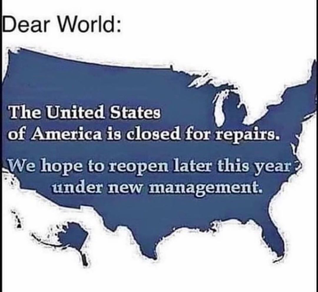 A new more improved United States is coming soon. We will be back to setting the example and being the big brother that countries around the world use to rely on.  Thank you for your patience world. #underrepairs #wetpaint #cuidado #slipperyfloor #theworldiswatching