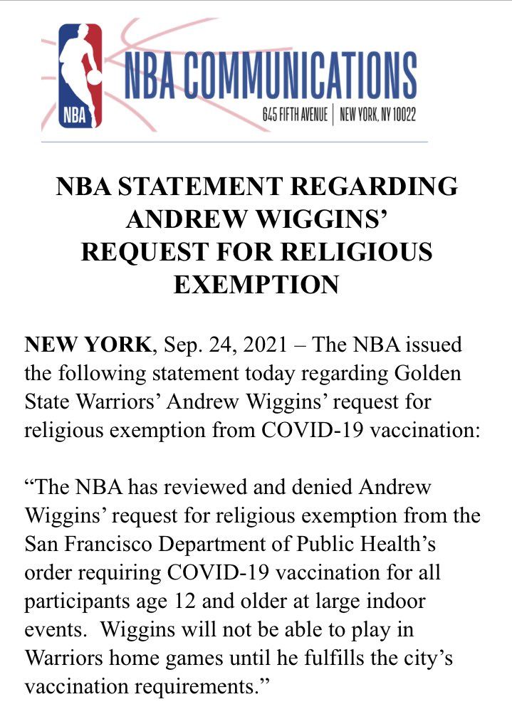 NBA表示，它已经审查并拒绝了安德鲁·维金斯（Andrew Wiggins）基于宗教原因提出的免于接种新冠病毒-19疫苗的请求。