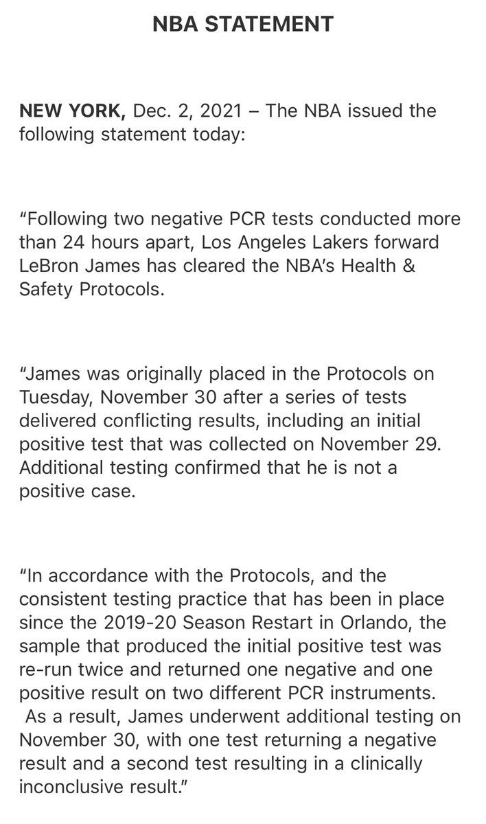 NBA issues statement clearing LeBron James to return to the court on Friday after a false positive COVID-19 test.