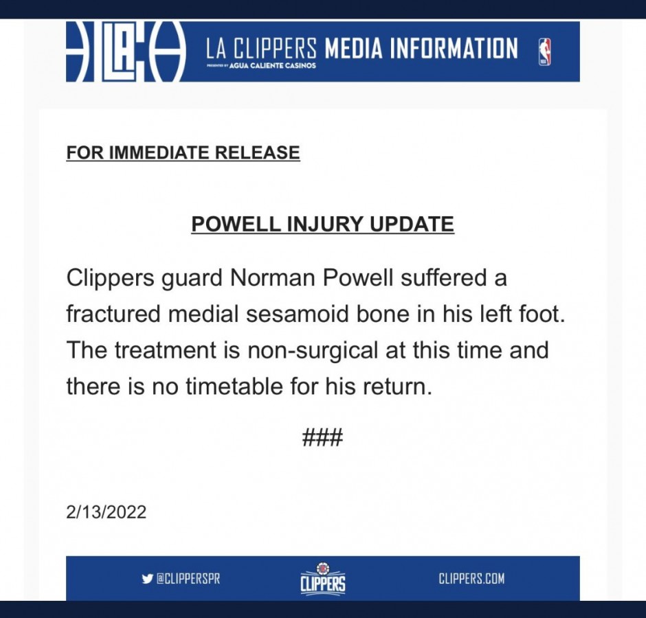 Per the Clippers, Norman Powell will be out indefinitely with a fractured bone in his left foot.