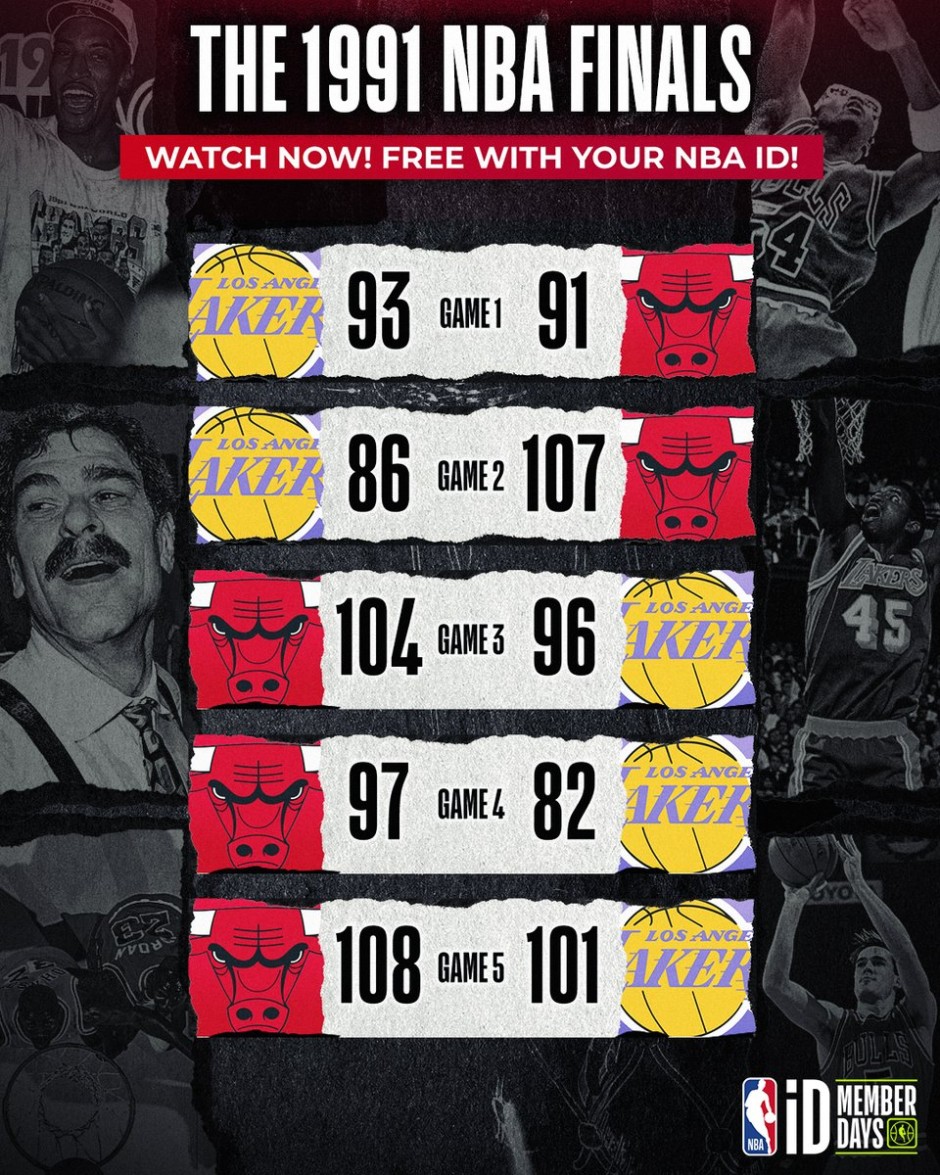 在NBA App上用你的NBA ID免费观看1991年NBAFinals的每场比赛。➡️：